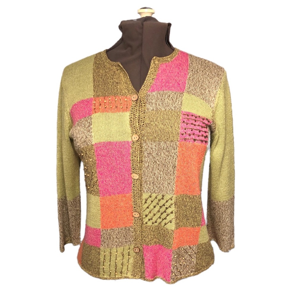 Sigrid Olsen Sport preppy patchwork pink green spring linen sweater Petite M